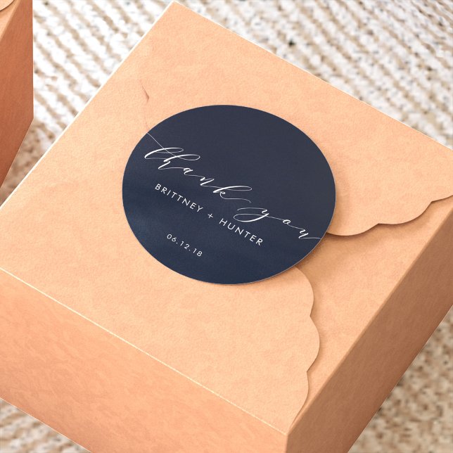 Simple Elegant Thank You Wedding Navy Classic Round Sticker (Creator Uploaded)