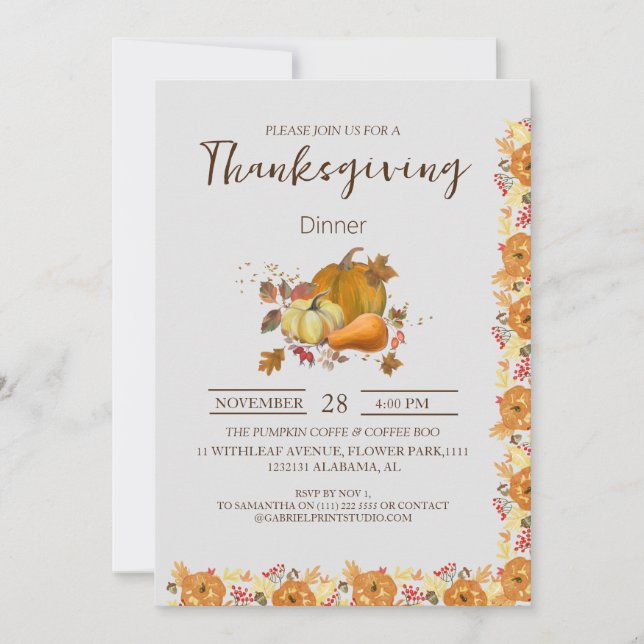 Simple Elegant Thanksgiving Dinner Floral fall Inv Invitation (Front)