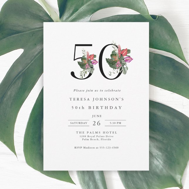 Simple Elegant Tropical 50th Birthday Invitation (Available in both printed and instant download digital formats.)