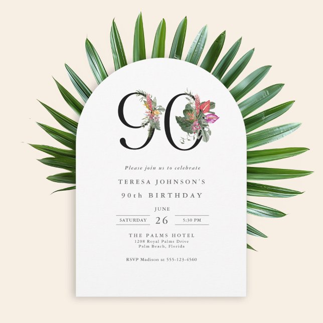 Simple Elegant Tropical 90th Birthday Invitation (Available in both printed and instant download digital formats.)