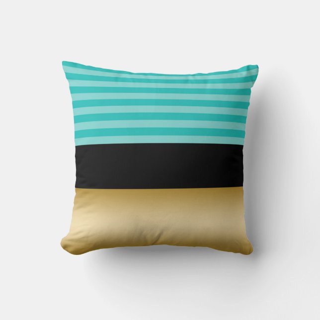 Simple Elegant Turquoise Striped Black and Gold Cushion (Front)