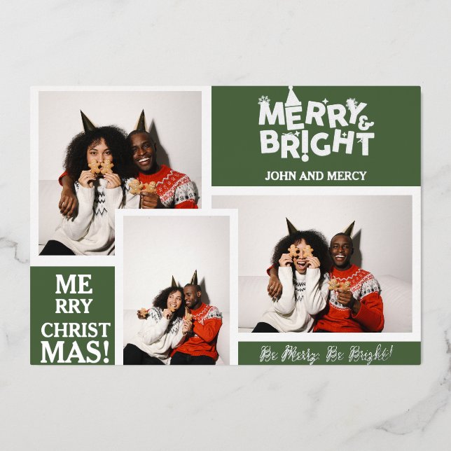 Simple Elegant Typography Christmas Couple 3 Photo Foil Holiday Card (Front)