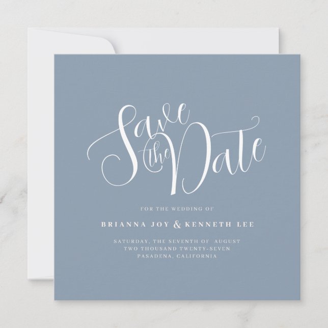 Simple Elegant Typography Dusty Blue Wedding Save The Date (Front)