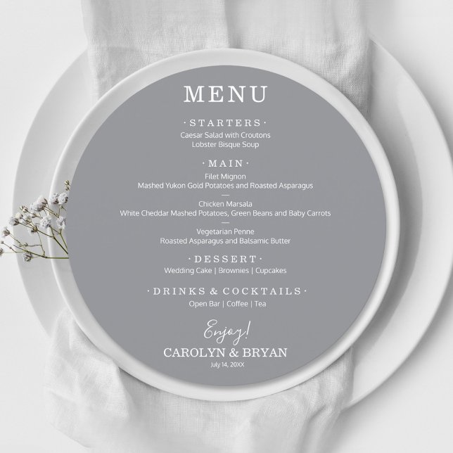 Simple Elegant Ultimate Grey Round Wedding Dinner Menu (Creator Uploaded)