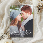 Simple Elegant Vertical Photo Save the Date Card<br><div class="desc">This modern save the date card is perfect for your favourite vertical engagement photo in the front, and it has an additional horizontal photo on the back of the card. The front of the card has your photo, names, date and location. There is also an optional grey gradient which helps...</div>