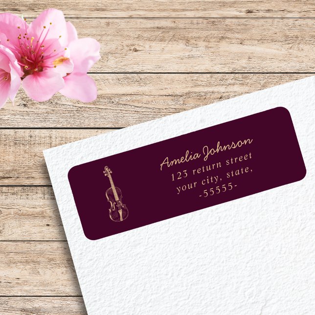 Simple Elegant Violin Viola Burgundy Modern Return Address Label (Creator Uploaded)