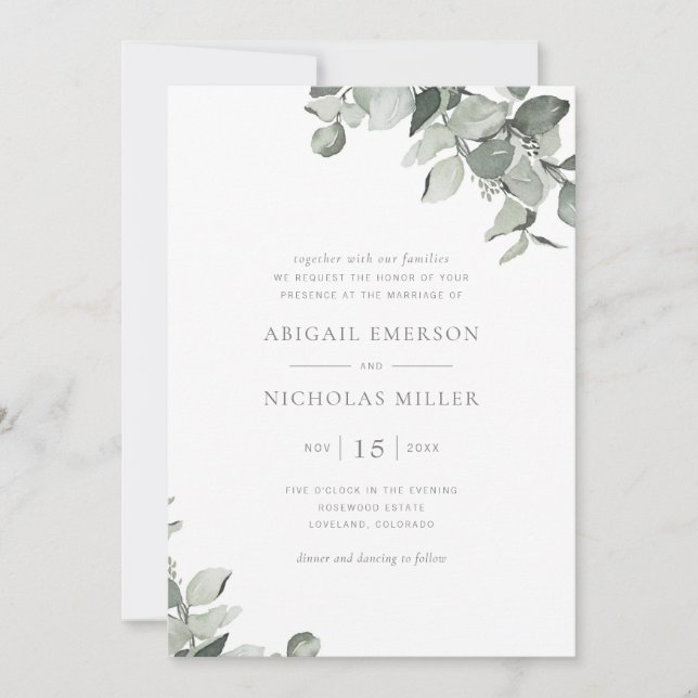 Simple Elegant Watercolor Eucalyptus Wedding Invitation (Front)