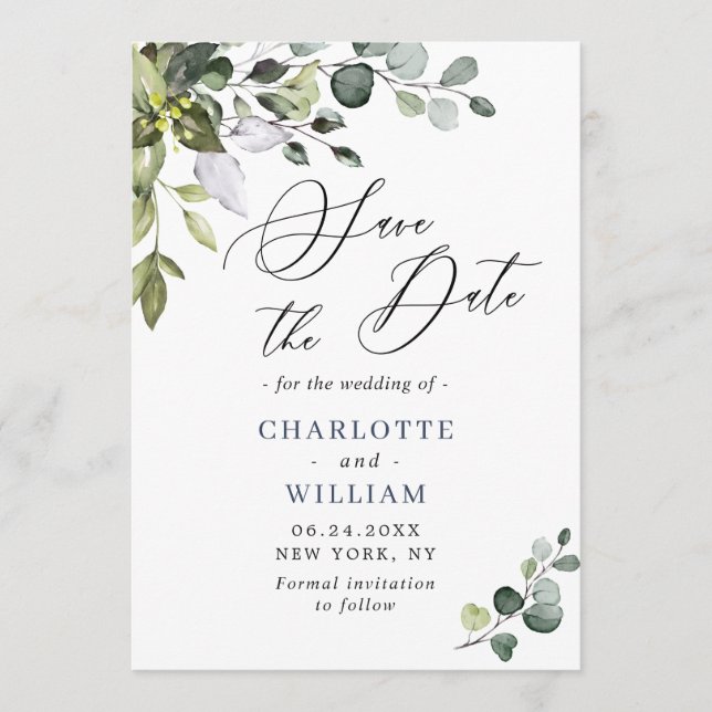 Simple Elegant Watercolor Eucalyptus Wedding Save  Save The Date (Front)
