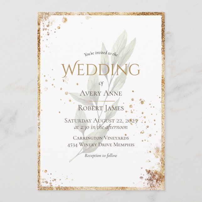 Simple Elegant Watercolor Greenery Gold Wedding Invitation (Front)