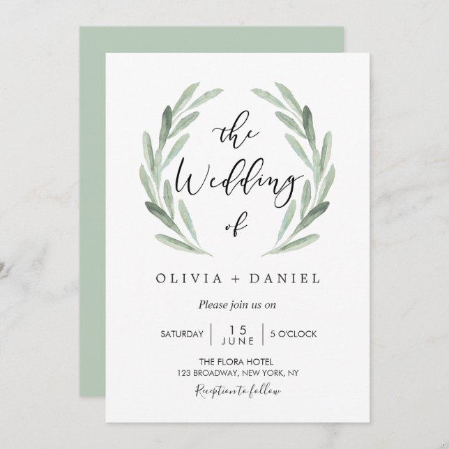 Simple Elegant Watercolor Wreath Greenery Wedding Invitation (Front/Back)