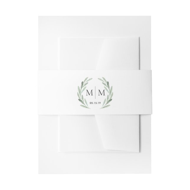 Simple Elegant Watercolor Wreath Greenery Wedding Invitation Belly Band (Front Example)
