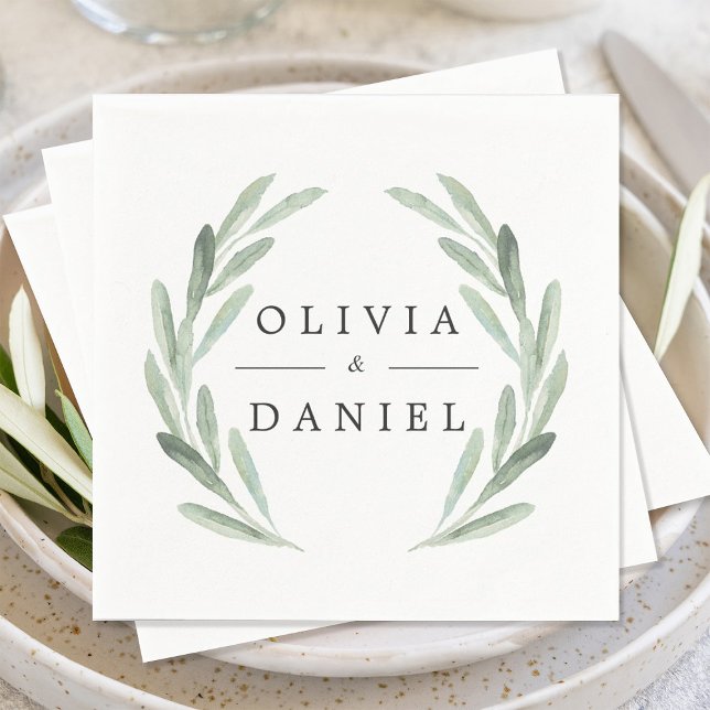 Simple Elegant Watercolor Wreath Greenery Wedding Napkin (Creator Uploaded)