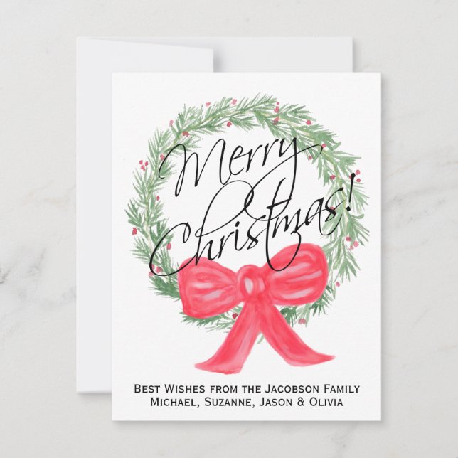 Simple Elegant Watercolor Wreath Merry Christmas Holiday Card (Front)