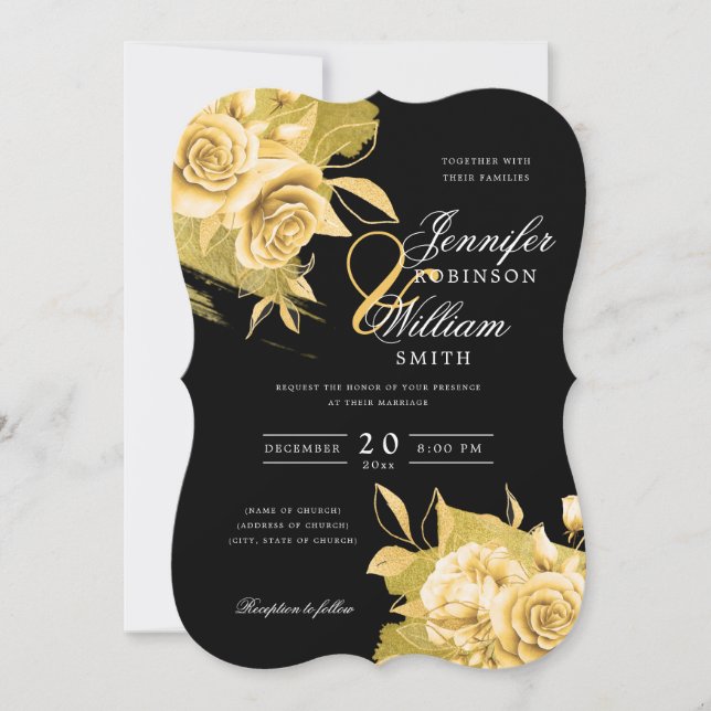 Simple Elegant Wedding Gold Floral & Foil Black Invitation (Front)