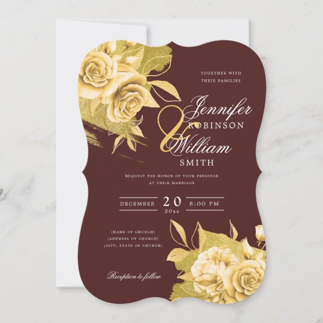 Simple Elegant Wedding Gold Floral Foil Burgundy  Invitation (Front)