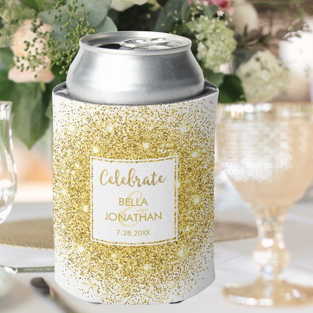 Simple Elegant Wedding Gold Glam Glitter Custom Can Cooler (Creator Uploaded)
