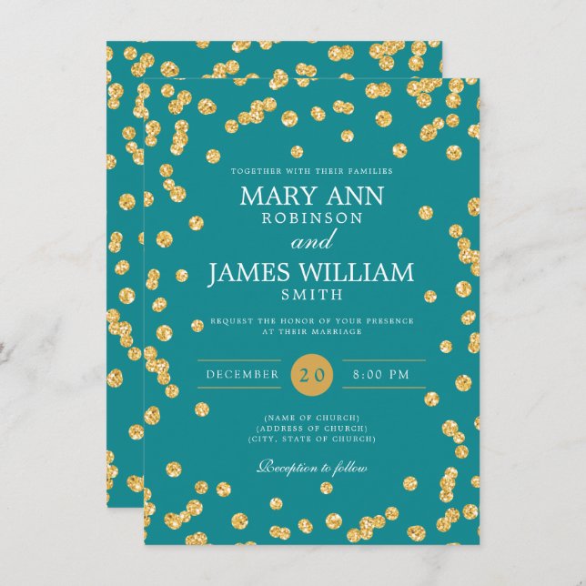 Simple Elegant Wedding Gold Glitter Confetti Teal  Invitation (Front/Back)