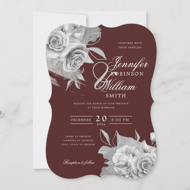 Simple Elegant Wedding Silver Floral Foil Burgundy Invitation (Front)