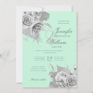 Simple Elegant Wedding Silver Floral & Foil Mint  Invitation