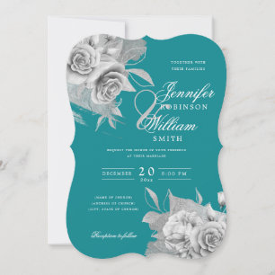 Simple Elegant Wedding Silver Floral & Foil Teal  Invitation