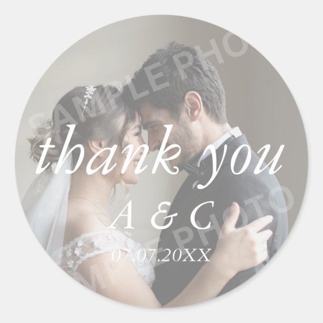 Simple Elegant Wedding Thank You Photo Classic Round Sticker (Front)