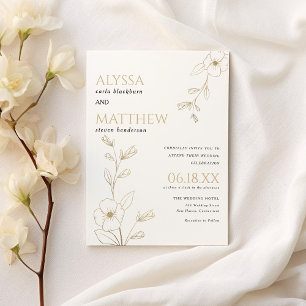 Simple elegant white and gold floral wedding invitation