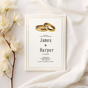 Simple elegant white and gold rings Wedding Invitation