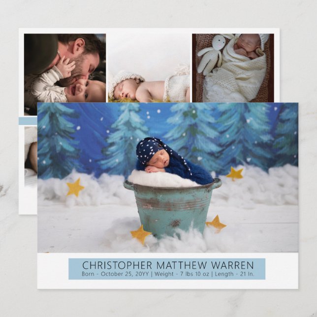 Simple Elegant White |Blue Photo Collage Boy Birth Announcement (Front/Back)