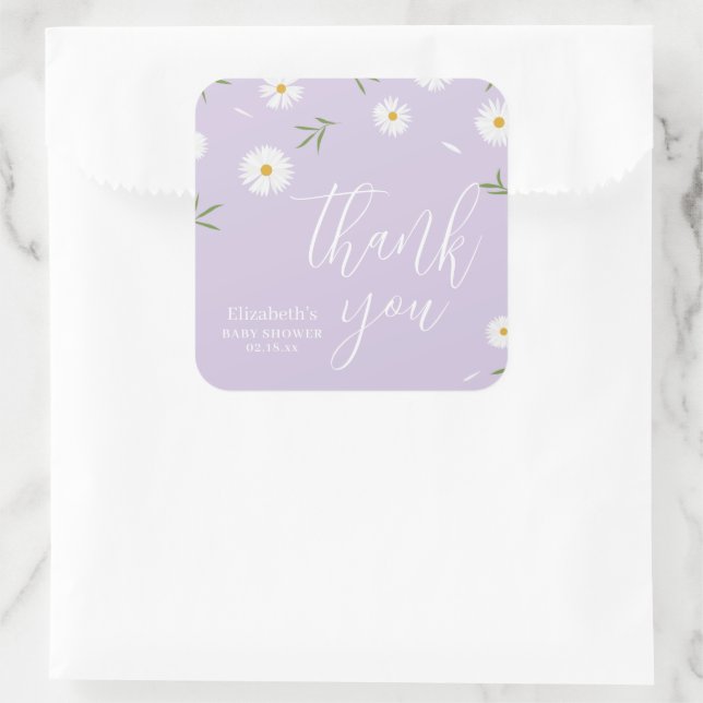 Simple Elegant White Daisies Baby Shower Thank You Square Sticker (Bag)