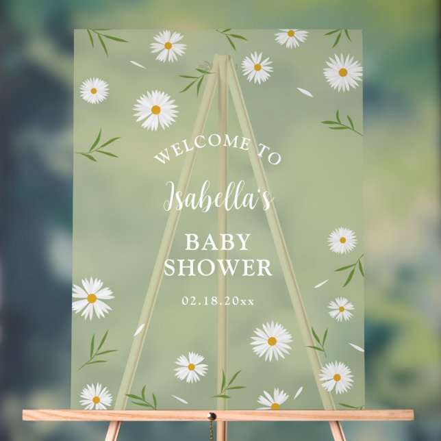 Simple Elegant White Daisies Baby Shower Welcome Acrylic Sign (Neutral)