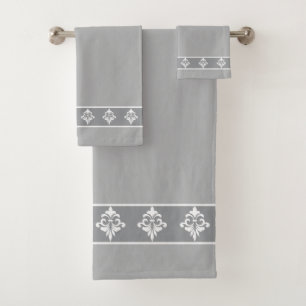 Simple, Elegant, White Flowers on Light Grey Bath Towel Set