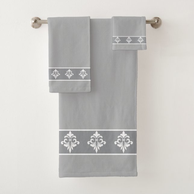 Simple, Elegant, White Flowers on Light Grey Bath Towel Set (Insitu)