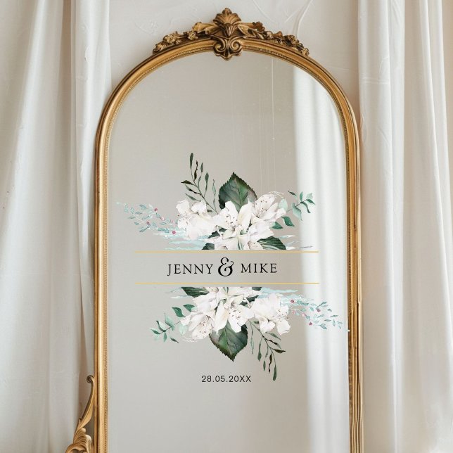 Simple, elegant white flowers wedding  (Personalized, simple, elegant white flowers wedding window cling with your names and date.)