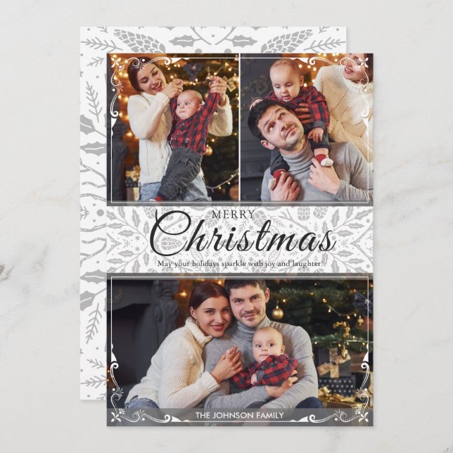 Simple Elegant White Frame 3 Photo Christmas Holiday Card (Front/Back)