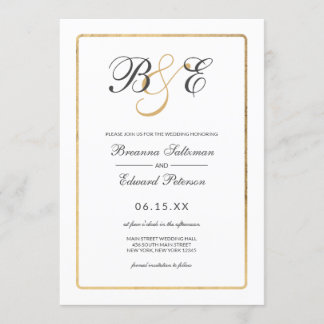 Simple Elegant White Gold Border Monogram Wedding Invitation