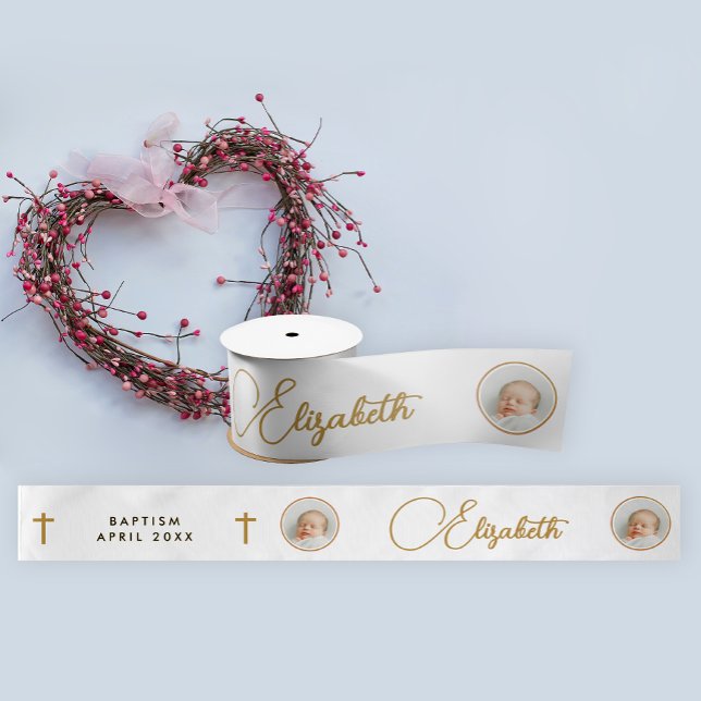 Simple Elegant White Gold Cross Photo Name Script Satin Ribbon (Creator Uploaded)