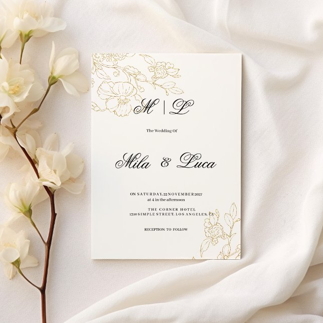 Simple elegant white gold floral Wedding Invitation (Simple elegant white gold floral Wedding)