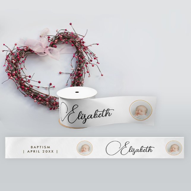 Simple Elegant White Gold Photo Portrait Name Typo Satin Ribbon (Creator Uploaded)