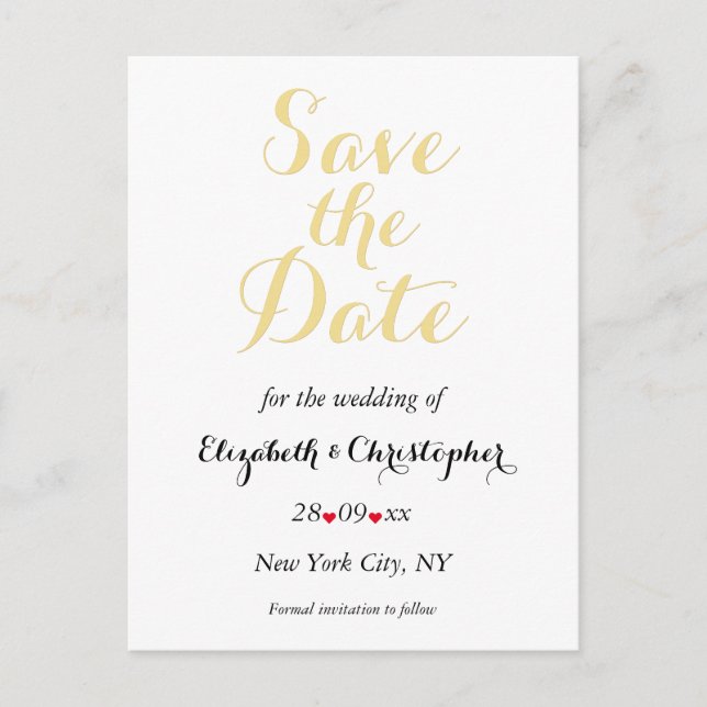 Simple Elegant White Gold Wedding Save the Date Postcard (Front)