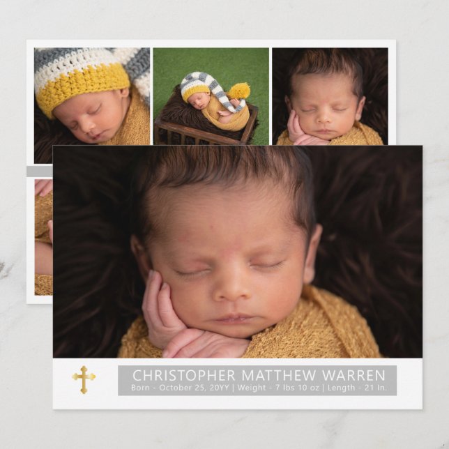 Simple Elegant White Grey Cross Baby Photo Collage Announcement (Front/Back)