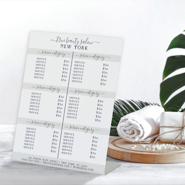 Simple Elegant White Grey Salon Price List Pedestal Sign (Creator Uploaded)