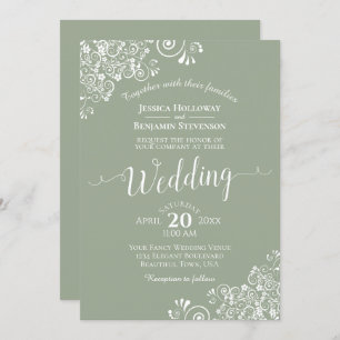 Simple Elegant White Lace on Sage Green Wedding Invitation