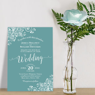 Simple Elegant White Lace on Teal Wedding Invitation