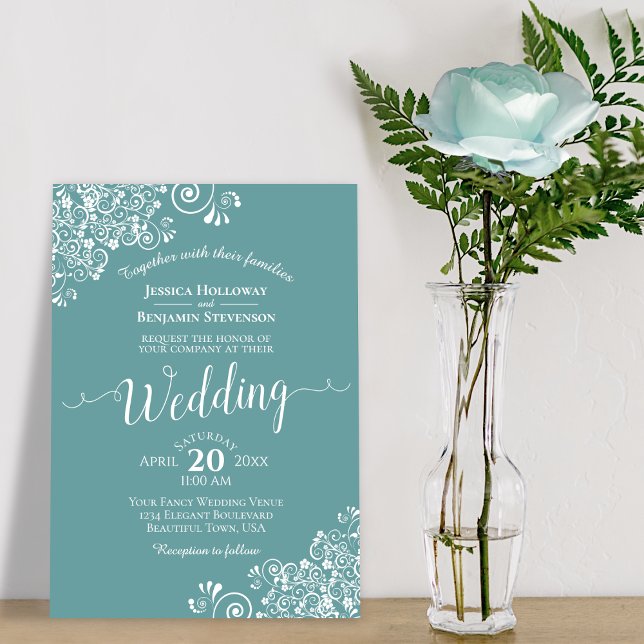 Simple Elegant White Lace on Teal Wedding Invitation (Creator Uploaded)