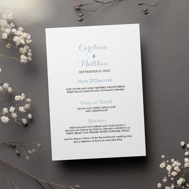 Simple elegant white pastel blue Wedding Menu (Simple elegant white pastel blue Wedding Menu)