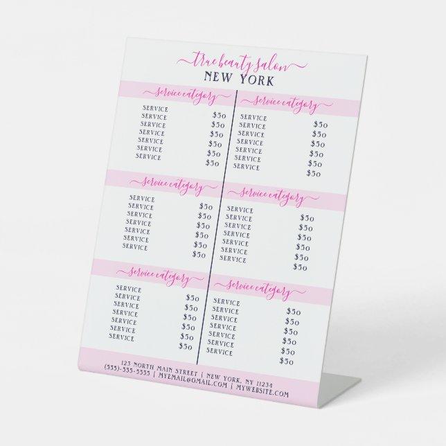 Simple Elegant White Pink Logo Salon Price List Pedestal Sign (Front)
