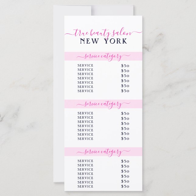 Simple Elegant White Pink Salon Price List (Front)