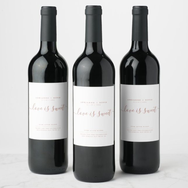 Simple Elegant White & Rose Gold Wedding Wine Label (Bottles)