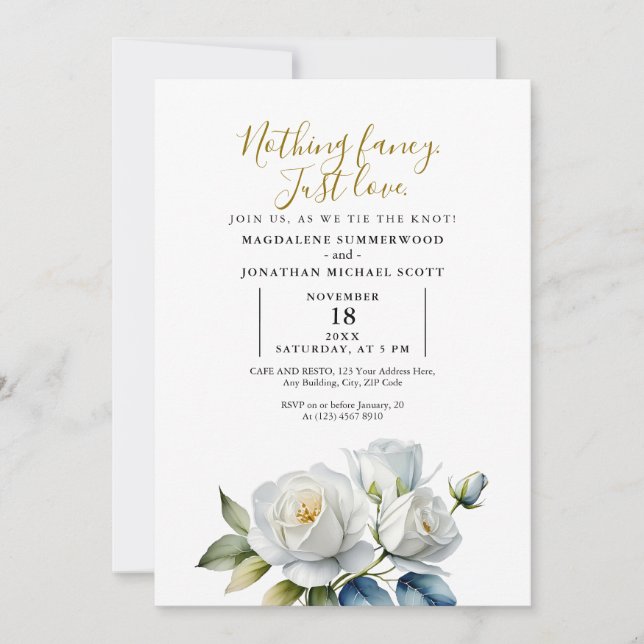 Simple Elegant White Rose Nothing Fancy Just Love Invitation (Front)