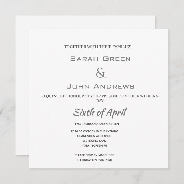 Simple Elegant White Wedding Square Invitation (Front/Back)